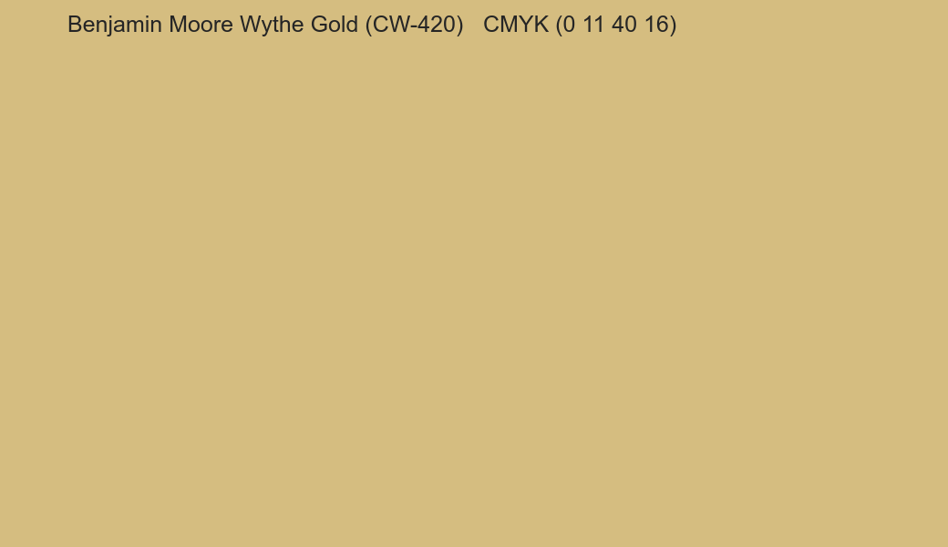 Color Benjamin Moore Wythe Gold (CW-420) to CMYK (0 11 40 16) converter Color Benjamin Moore Wythe Gold (CW-420) to CMYK (0 11 40 16) converter