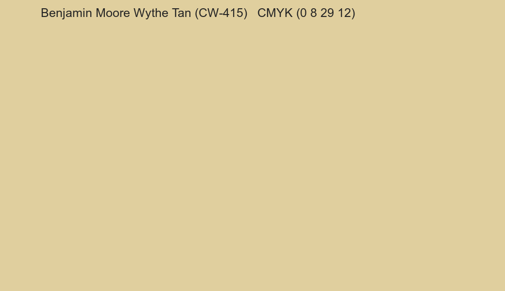 Color Benjamin Moore Wythe Tan (CW-415) to CMYK (0 8 29 12) converter Color Benjamin Moore Wythe Tan (CW-415) to CMYK (0 8 29 12) converter