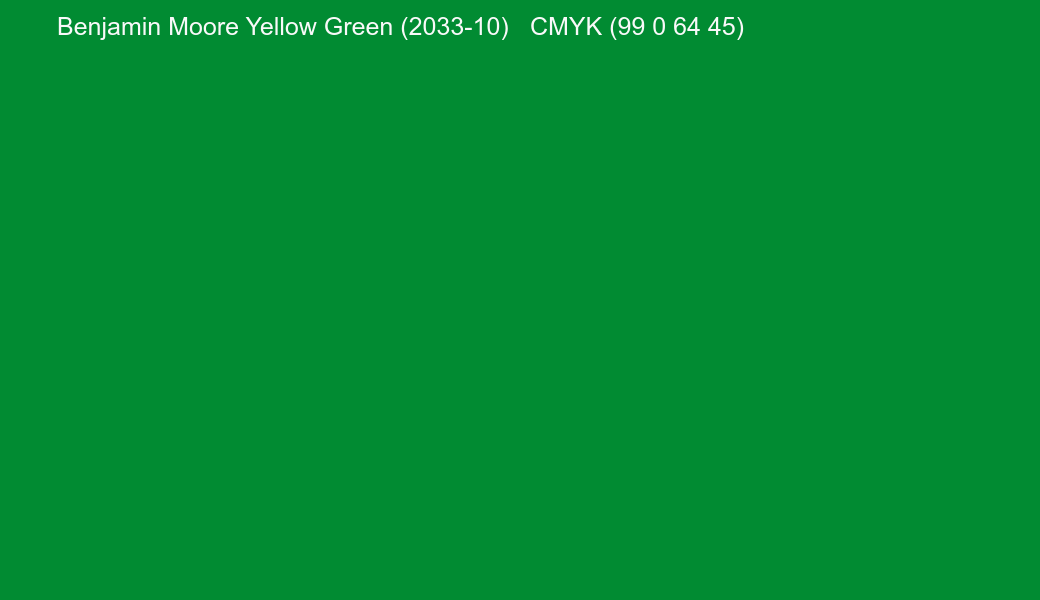 Color Benjamin Moore Yellow Green (2033-10) to CMYK (99 0 64 45) converter Color Benjamin Moore Yellow Green (2033-10) to CMYK (99 0 64 45) converter