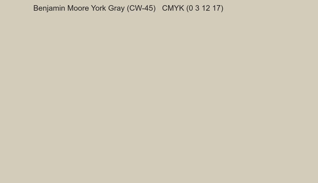 Color Benjamin Moore York Gray (CW-45) to CMYK (0 3 12 17) converter Color Benjamin Moore York Gray (CW-45) to CMYK (0 3 12 17) converter
