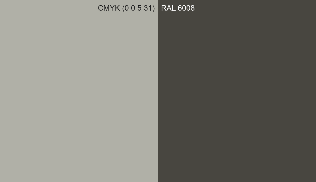 CMYK Color CMYK (0 0 5 31) vs RAL 6008 side by side comparison CMYK Color CMYK (0 0 5 31) vs RAL 6008 side by side comparison