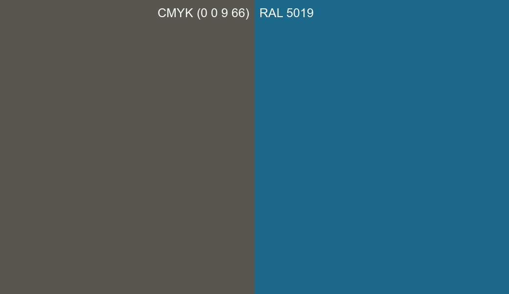 CMYK Color CMYK (0 0 9 66) vs RAL 5019 side by side comparison CMYK Color CMYK (0 0 9 66) vs RAL 5019 side by side comparison