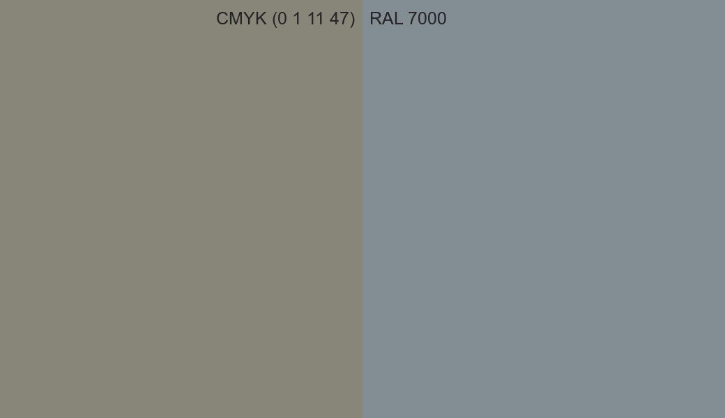 CMYK Color CMYK (0 1 11 47) vs RAL 7000 side by side comparison CMYK Color CMYK (0 1 11 47) vs RAL 7000 side by side comparison