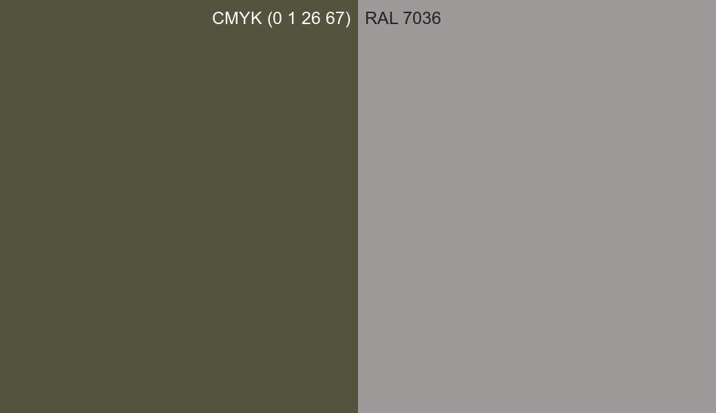 CMYK Color CMYK (0 1 26 67) vs RAL 7036 side by side comparison CMYK Color CMYK (0 1 26 67) vs RAL 7036 side by side comparison