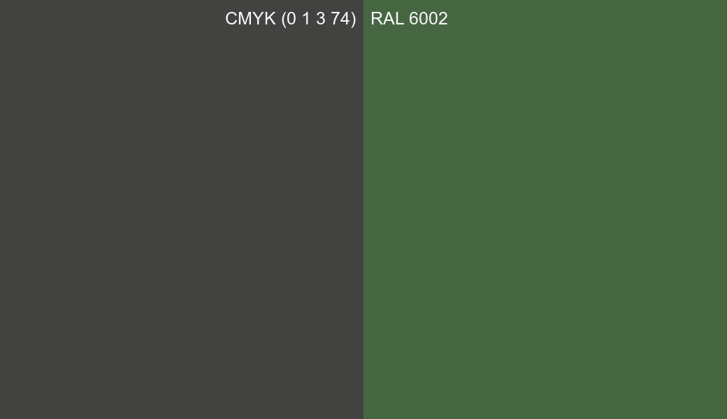 CMYK Color CMYK (0 1 3 74) vs RAL 6002 side by side comparison CMYK Color CMYK (0 1 3 74) vs RAL 6002 side by side comparison