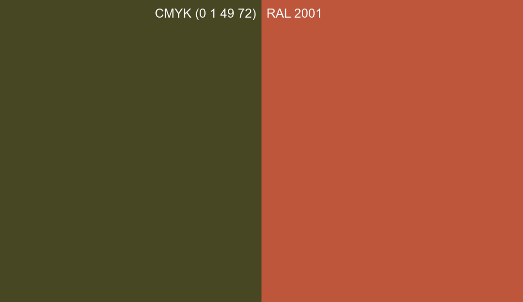 CMYK Color CMYK (0 1 49 72) vs RAL 2001 side by side comparison CMYK Color CMYK (0 1 49 72) vs RAL 2001 side by side comparison
