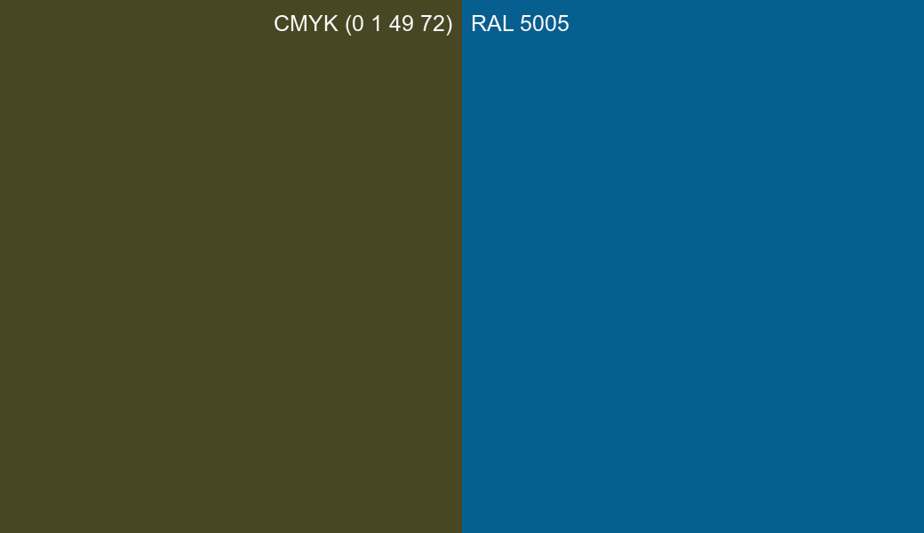 CMYK Color CMYK (0 1 49 72) vs RAL 5005 side by side comparison CMYK Color CMYK (0 1 49 72) vs RAL 5005 side by side comparison