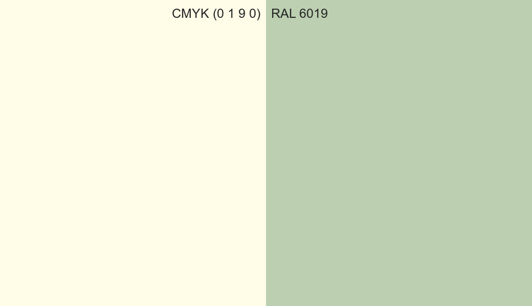 CMYK Color CMYK (0 1 9 0) vs RAL 6019 side by side comparison CMYK Color CMYK (0 1 9 0) vs RAL 6019 side by side comparison