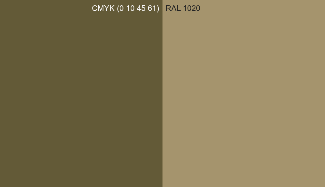 CMYK Color CMYK (0 10 45 61) vs RAL 1020 side by side comparison CMYK Color CMYK (0 10 45 61) vs RAL 1020 side by side comparison