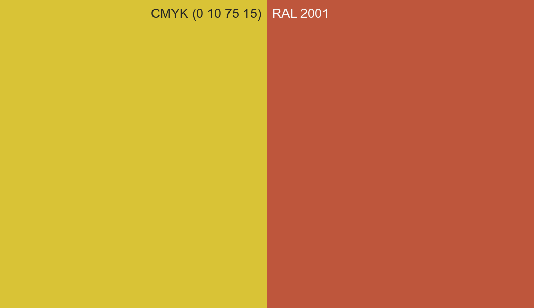 CMYK Color CMYK (0 10 75 15) vs RAL 2001 side by side comparison CMYK Color CMYK (0 10 75 15) vs RAL 2001 side by side comparison