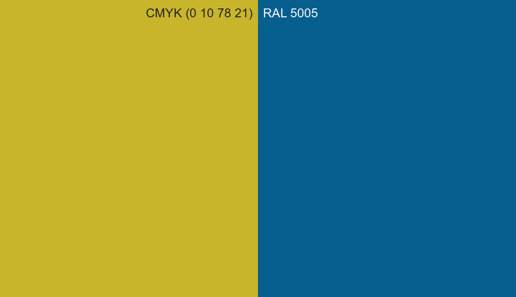CMYK Color CMYK (0 10 78 21) vs RAL 5005 side by side comparison CMYK Color CMYK (0 10 78 21) vs RAL 5005 side by side comparison