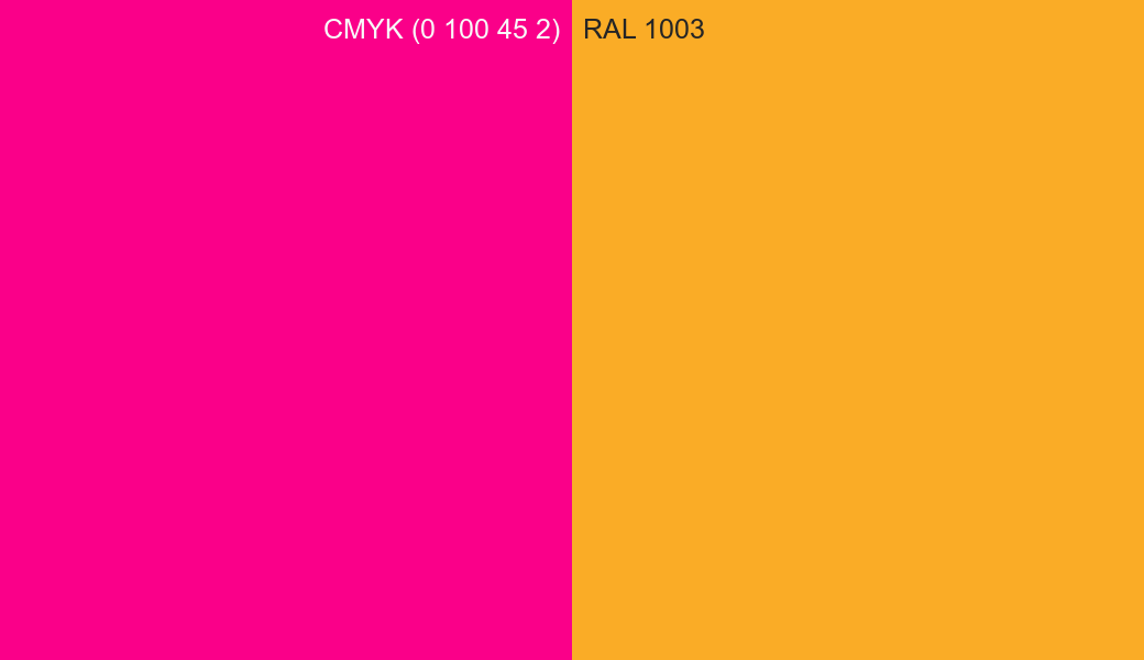 CMYK Color CMYK (0 100 45 2) vs RAL 1003 side by side comparison CMYK Color CMYK (0 100 45 2) vs RAL 1003 side by side comparison