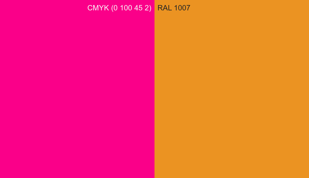 CMYK Color CMYK (0 100 45 2) vs RAL 1007 side by side comparison CMYK Color CMYK (0 100 45 2) vs RAL 1007 side by side comparison