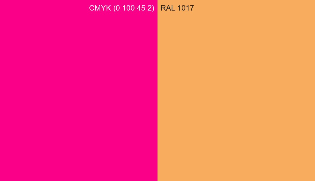 CMYK Color CMYK (0 100 45 2) vs RAL 1017 side by side comparison CMYK Color CMYK (0 100 45 2) vs RAL 1017 side by side comparison
