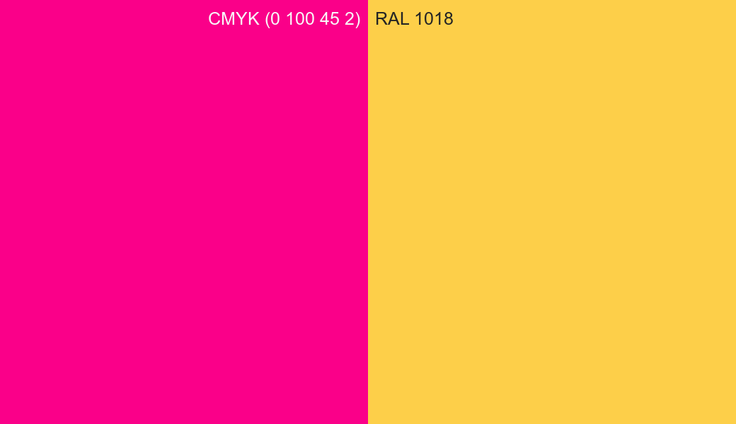 CMYK Color CMYK (0 100 45 2) vs RAL 1018 side by side comparison CMYK Color CMYK (0 100 45 2) vs RAL 1018 side by side comparison