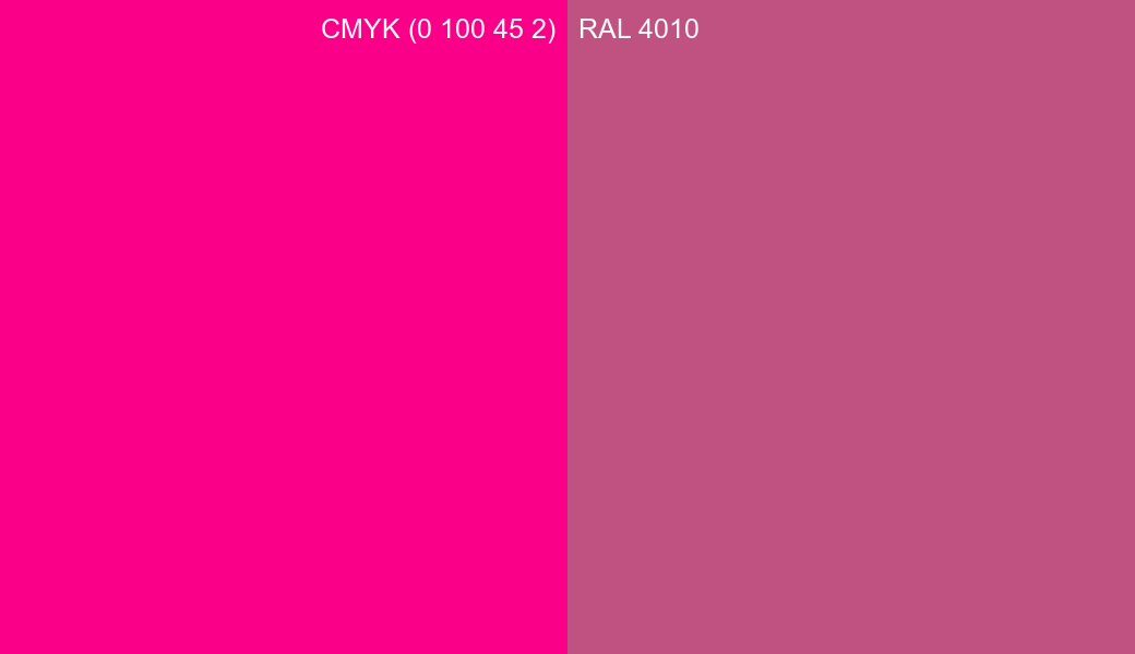 CMYK Color CMYK (0 100 45 2) vs RAL 4010 side by side comparison CMYK Color CMYK (0 100 45 2) vs RAL 4010 side by side comparison