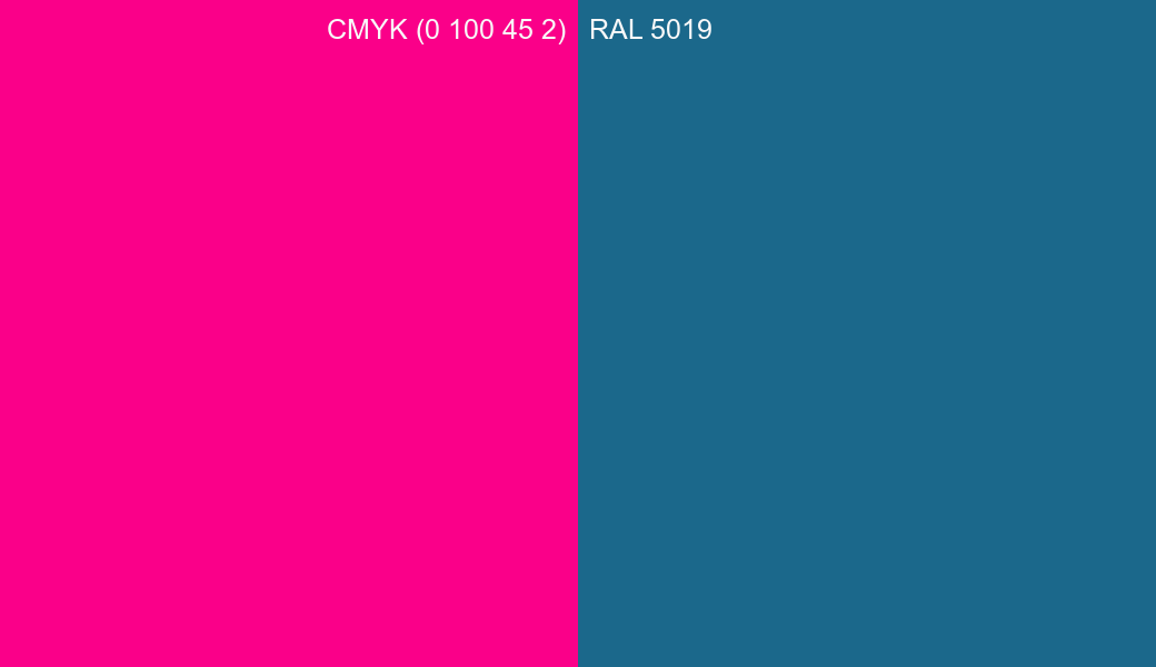 CMYK Color CMYK (0 100 45 2) vs RAL 5019 side by side comparison CMYK Color CMYK (0 100 45 2) vs RAL 5019 side by side comparison