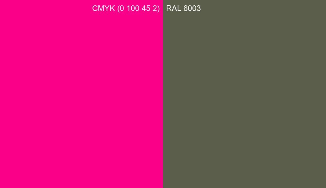 CMYK Color CMYK (0 100 45 2) vs RAL 6003 side by side comparison CMYK Color CMYK (0 100 45 2) vs RAL 6003 side by side comparison