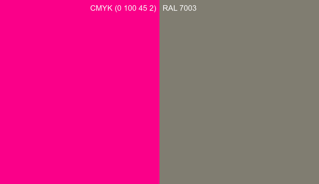 CMYK Color CMYK (0 100 45 2) vs RAL 7003 side by side comparison CMYK Color CMYK (0 100 45 2) vs RAL 7003 side by side comparison