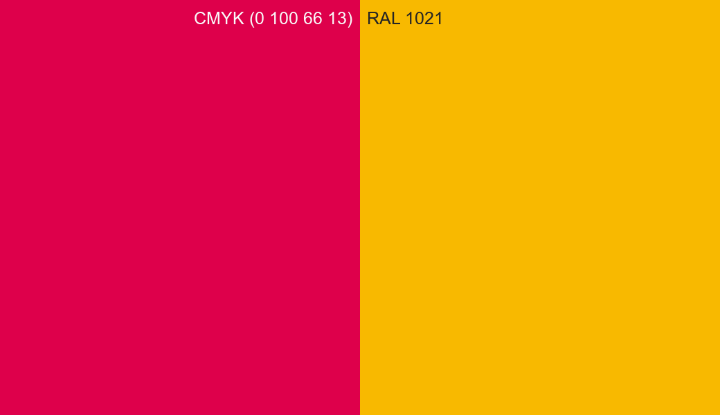CMYK Color CMYK (0 100 66 13) vs RAL 1021 side by side comparison CMYK Color CMYK (0 100 66 13) vs RAL 1021 side by side comparison