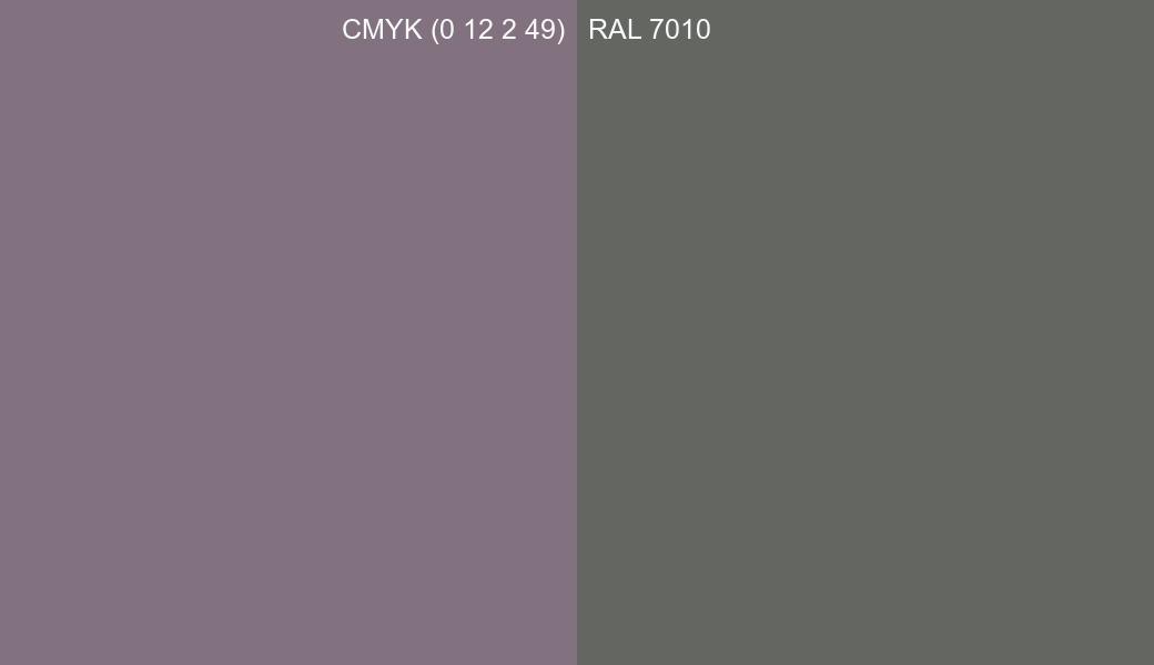 CMYK Color CMYK (0 12 2 49) vs RAL 7010 side by side comparison CMYK Color CMYK (0 12 2 49) vs RAL 7010 side by side comparison