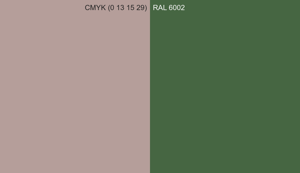 CMYK Color CMYK (0 13 15 29) vs RAL 6002 side by side comparison CMYK Color CMYK (0 13 15 29) vs RAL 6002 side by side comparison