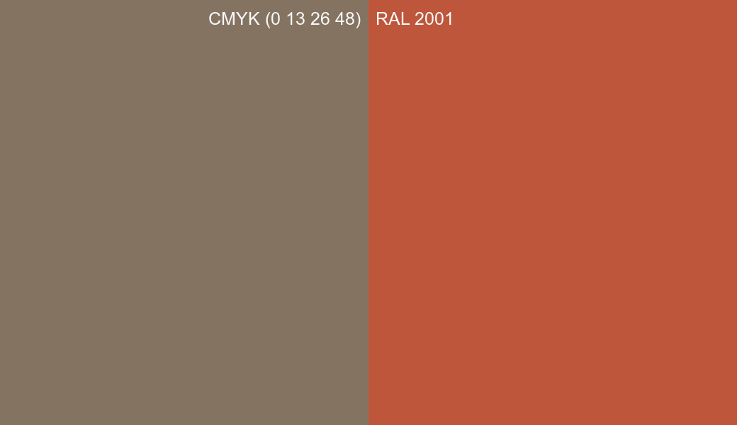 CMYK Color CMYK (0 13 26 48) vs RAL 2001 side by side comparison CMYK Color CMYK (0 13 26 48) vs RAL 2001 side by side comparison