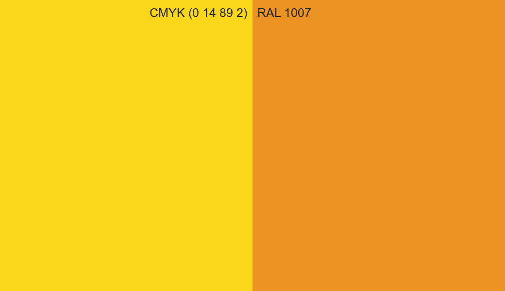 CMYK Color CMYK (0 14 89 2) vs RAL 1007 side by side comparison CMYK Color CMYK (0 14 89 2) vs RAL 1007 side by side comparison