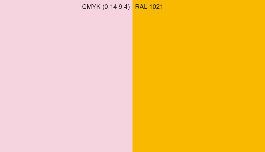 CMYK Color CMYK (0 14 9 4) vs RAL 1021 side by side comparison CMYK Color CMYK (0 14 9 4) vs RAL 1021 side by side comparison