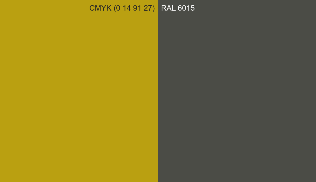 CMYK Color CMYK (0 14 91 27) vs RAL 6015 side by side comparison CMYK Color CMYK (0 14 91 27) vs RAL 6015 side by side comparison