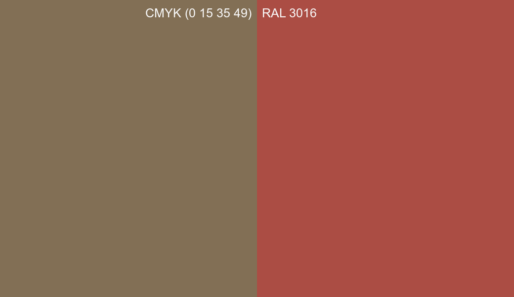 CMYK Color CMYK (0 15 35 49) vs RAL 3016 side by side comparison CMYK Color CMYK (0 15 35 49) vs RAL 3016 side by side comparison