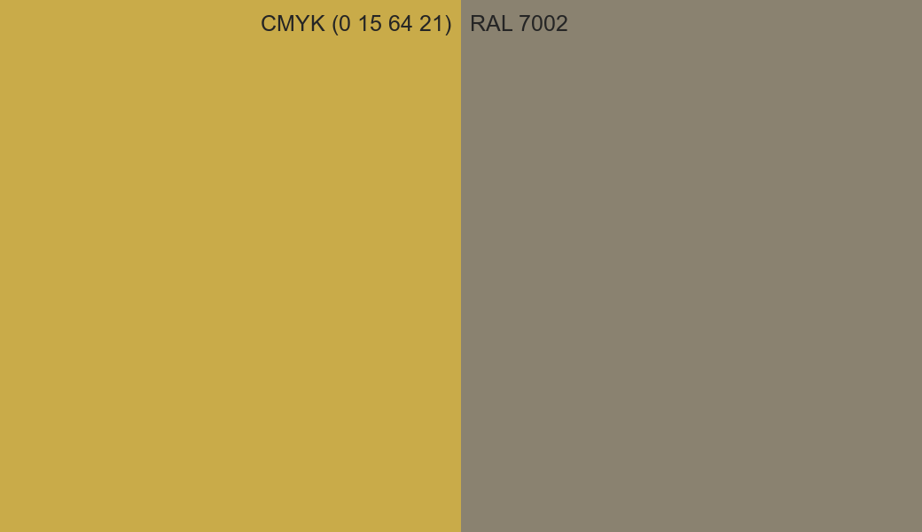 CMYK Color CMYK (0 15 64 21) vs RAL 7002 side by side comparison CMYK Color CMYK (0 15 64 21) vs RAL 7002 side by side comparison