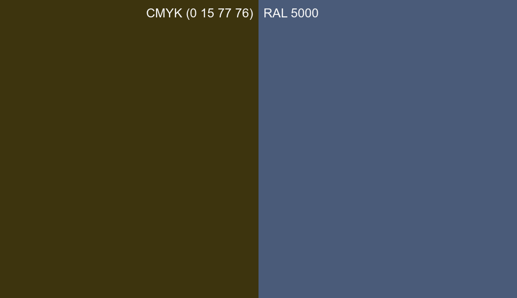 CMYK Color CMYK (0 15 77 76) vs RAL 5000 side by side comparison CMYK Color CMYK (0 15 77 76) vs RAL 5000 side by side comparison