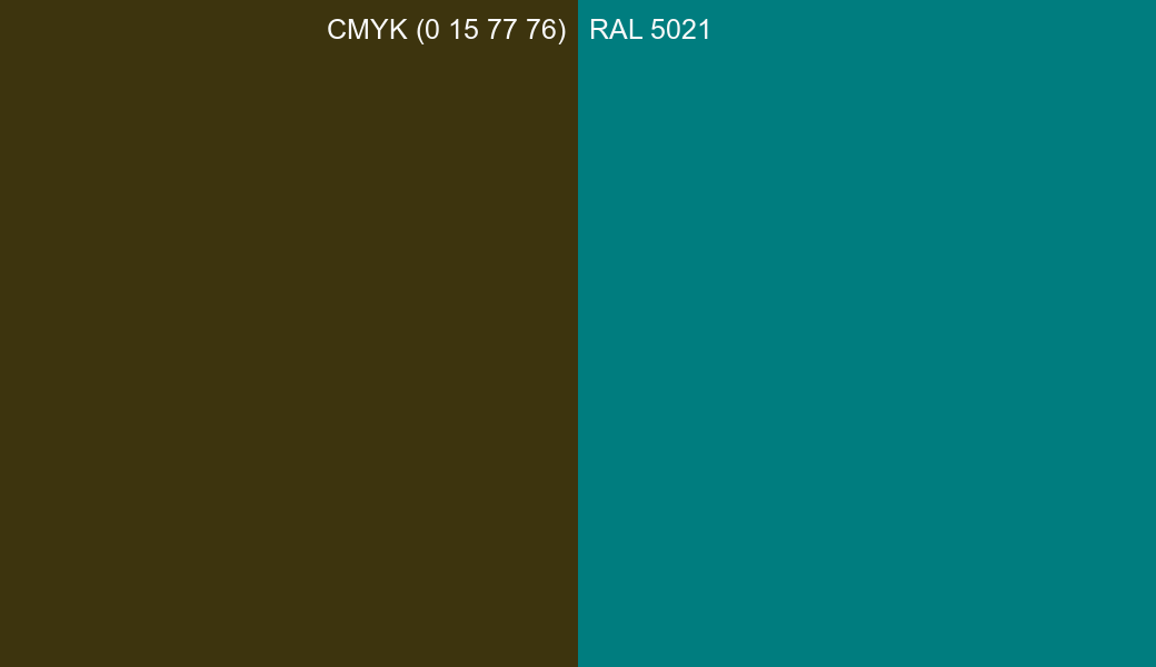 CMYK Color CMYK (0 15 77 76) vs RAL 5021 side by side comparison CMYK Color CMYK (0 15 77 76) vs RAL 5021 side by side comparison