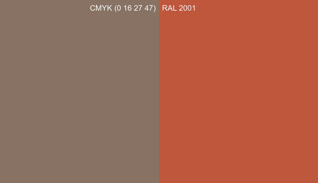 CMYK Color CMYK (0 16 27 47) vs RAL 2001 side by side comparison CMYK Color CMYK (0 16 27 47) vs RAL 2001 side by side comparison