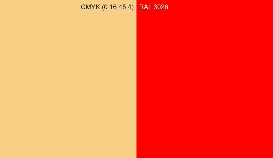 CMYK Color CMYK (0 16 45 4) vs RAL 3026 side by side comparison CMYK Color CMYK (0 16 45 4) vs RAL 3026 side by side comparison