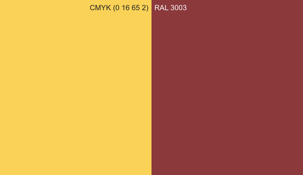 CMYK Color CMYK (0 16 65 2) vs RAL 3003 side by side comparison CMYK Color CMYK (0 16 65 2) vs RAL 3003 side by side comparison