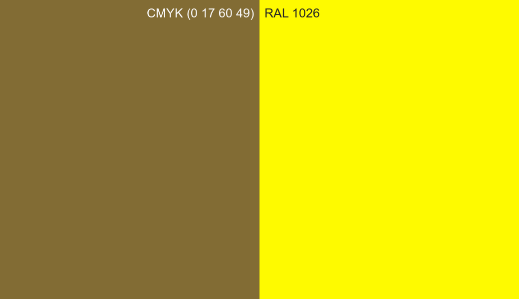 CMYK Color CMYK (0 17 60 49) vs RAL 1026 side by side comparison CMYK Color CMYK (0 17 60 49) vs RAL 1026 side by side comparison