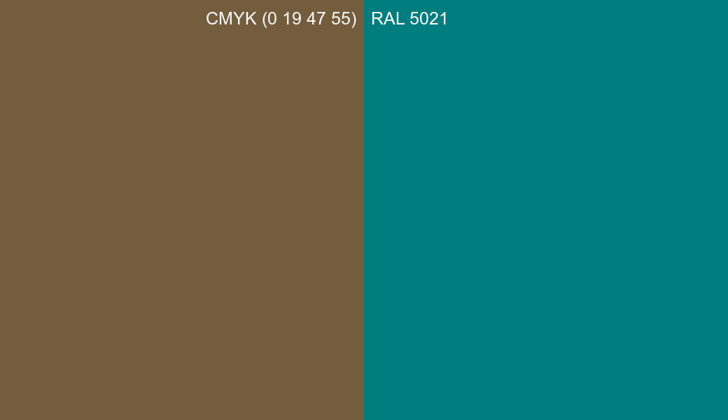CMYK Color CMYK (0 19 47 55) vs RAL 5021 side by side comparison CMYK Color CMYK (0 19 47 55) vs RAL 5021 side by side comparison