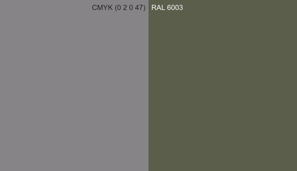 CMYK Color CMYK (0 2 0 47) vs RAL 6003 side by side comparison CMYK Color CMYK (0 2 0 47) vs RAL 6003 side by side comparison