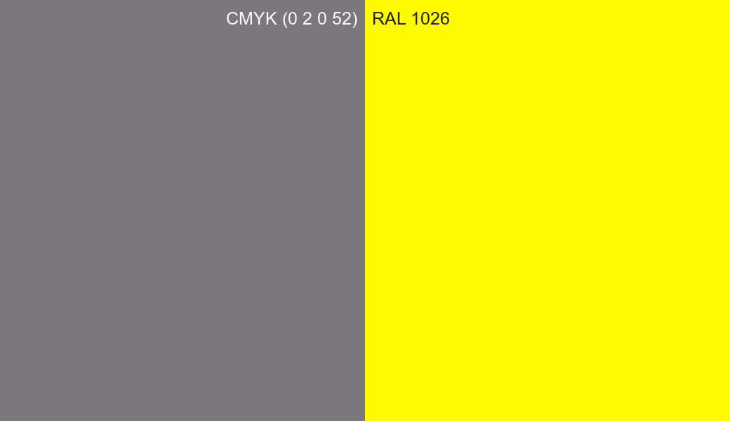 CMYK Color CMYK (0 2 0 52) vs RAL 1026 side by side comparison CMYK Color CMYK (0 2 0 52) vs RAL 1026 side by side comparison