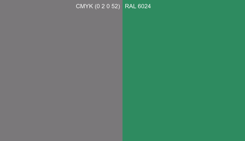 CMYK Color CMYK (0 2 0 52) vs RAL 6024 side by side comparison CMYK Color CMYK (0 2 0 52) vs RAL 6024 side by side comparison