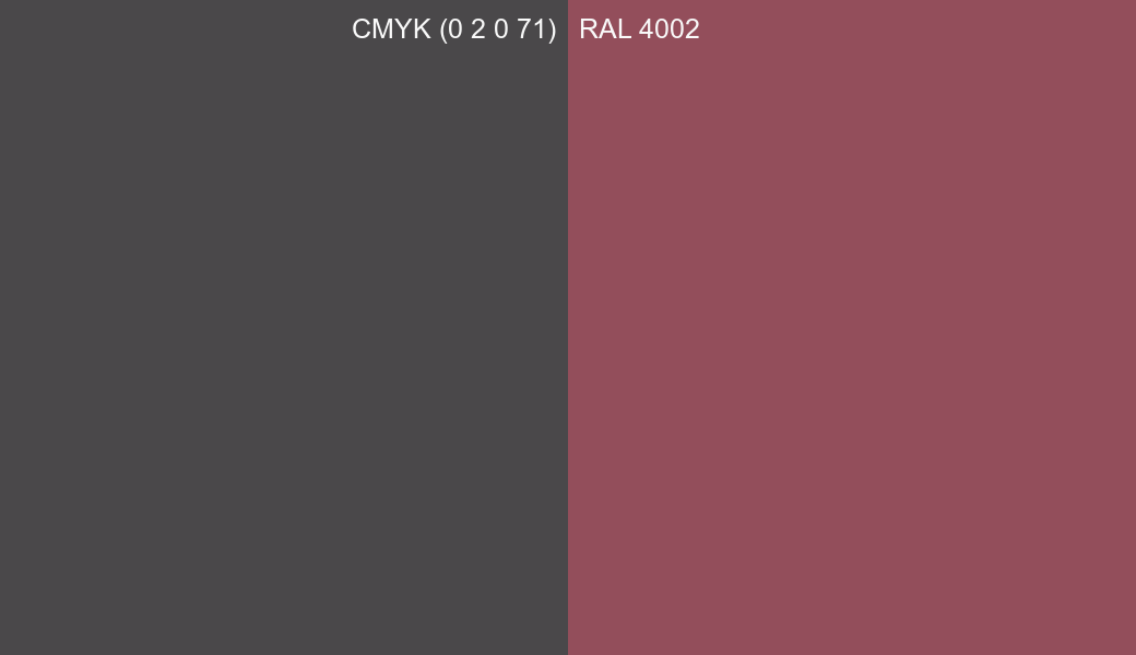 CMYK Color CMYK (0 2 0 71) vs RAL 4002 side by side comparison CMYK Color CMYK (0 2 0 71) vs RAL 4002 side by side comparison