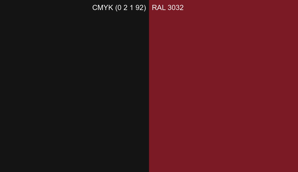 CMYK Color CMYK (0 2 1 92) vs RAL 3032 side by side comparison CMYK Color CMYK (0 2 1 92) vs RAL 3032 side by side comparison