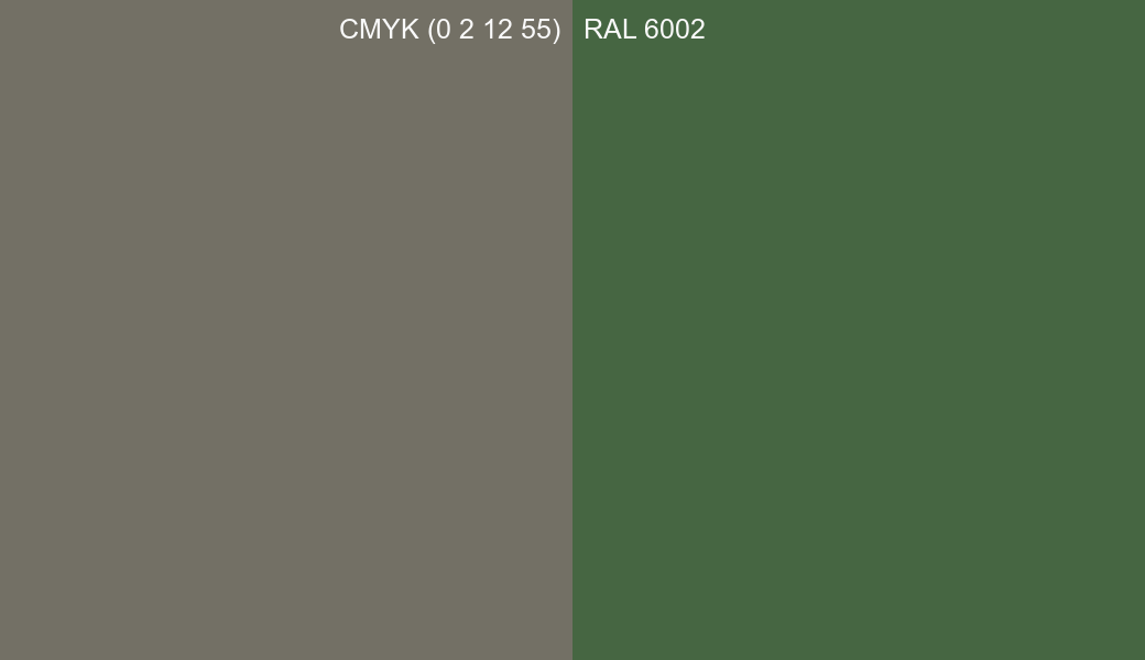 CMYK Color CMYK (0 2 12 55) vs RAL 6002 side by side comparison CMYK Color CMYK (0 2 12 55) vs RAL 6002 side by side comparison