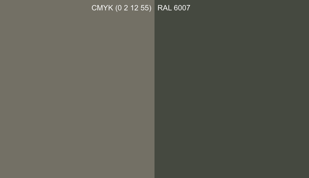 CMYK Color CMYK (0 2 12 55) vs RAL 6007 side by side comparison CMYK Color CMYK (0 2 12 55) vs RAL 6007 side by side comparison