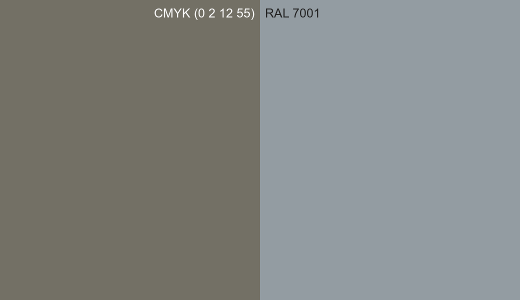CMYK Color CMYK (0 2 12 55) vs RAL 7001 side by side comparison CMYK Color CMYK (0 2 12 55) vs RAL 7001 side by side comparison