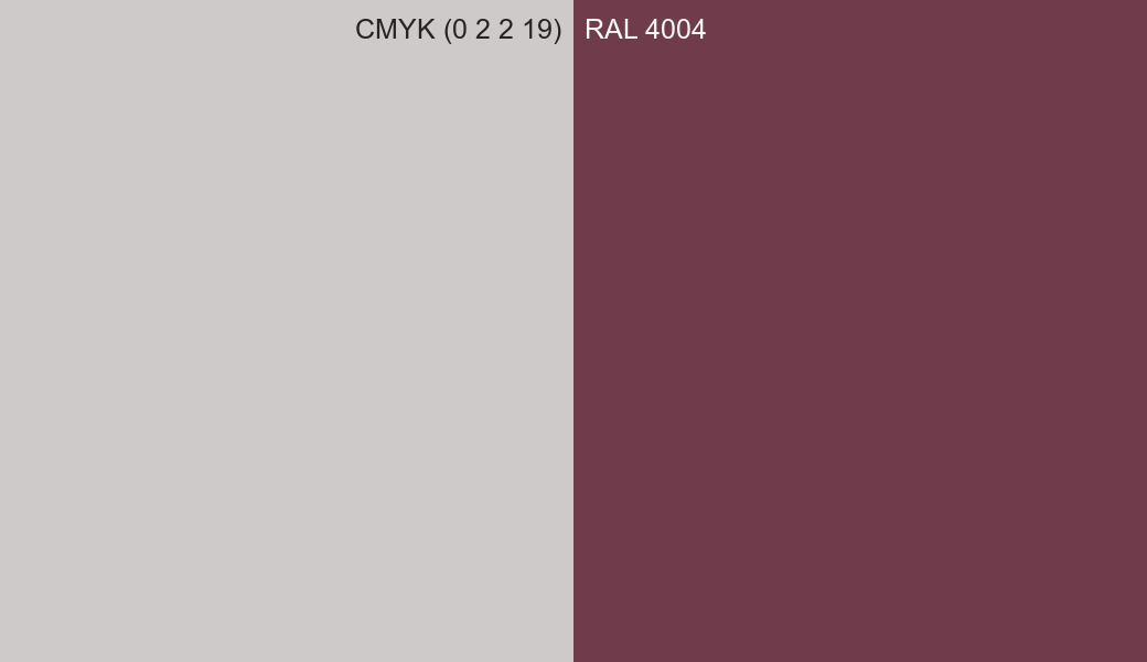 CMYK Color CMYK (0 2 2 19) vs RAL 4004 side by side comparison CMYK Color CMYK (0 2 2 19) vs RAL 4004 side by side comparison