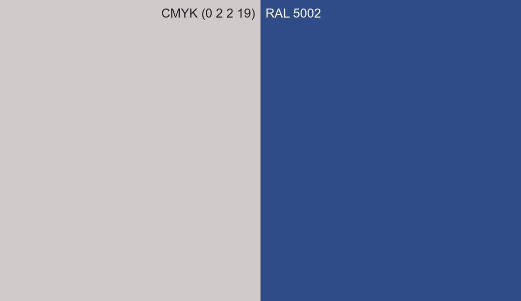 CMYK Color CMYK (0 2 2 19) vs RAL 5002 side by side comparison CMYK Color CMYK (0 2 2 19) vs RAL 5002 side by side comparison