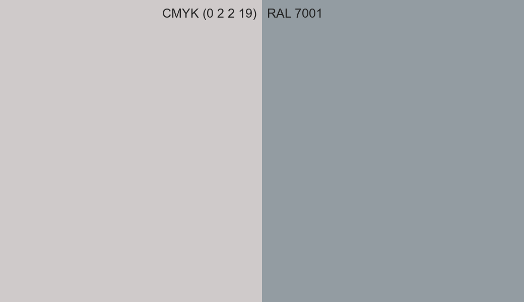 CMYK Color CMYK (0 2 2 19) vs RAL 7001 side by side comparison CMYK Color CMYK (0 2 2 19) vs RAL 7001 side by side comparison